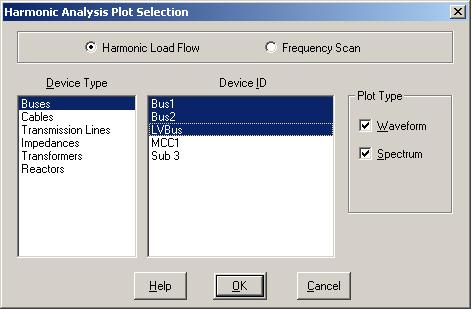 Plots 21.8 Plots Plots are available for both the harmonic load flow study and the harmonic frequency scan study. 21.8.1 Harmonic Analysis Plot Selection The plot files share the same name as the text output files, so the procedure for selecting plot files is the same as that described in Section 20.