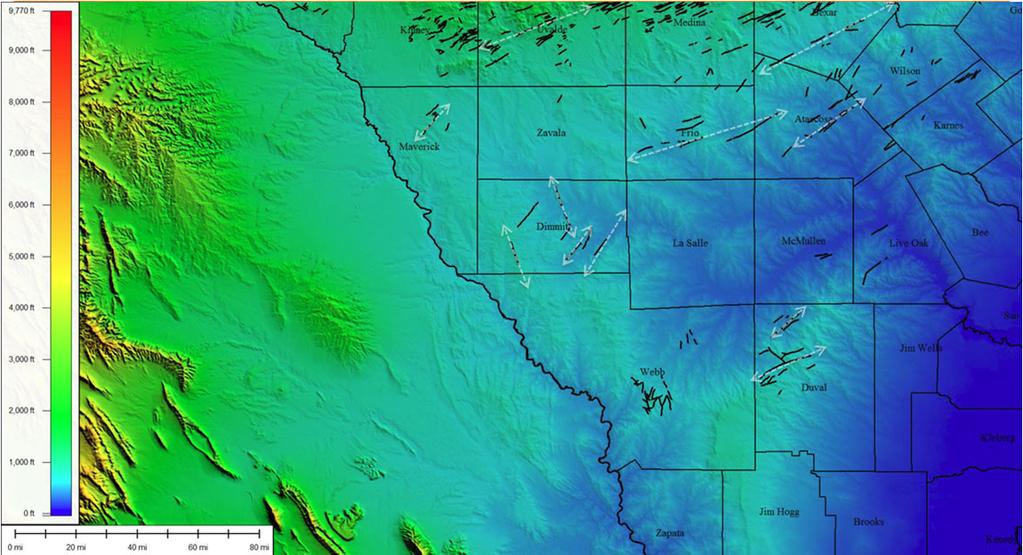 Figure 2. Digital Elevation Map of south Texas showing surface faults. Black lines mark the mapped lineaments and a selection of the faults have been labeled with white arrows.
