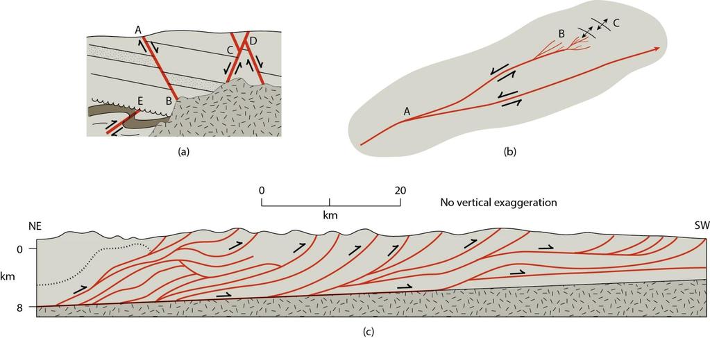 Fault Terminations (a) Fault terminates at ground surface at A; at B, fault is cut by a pluton; at C and D, one fault cuts another; at E, fault was eroded at unconformity.