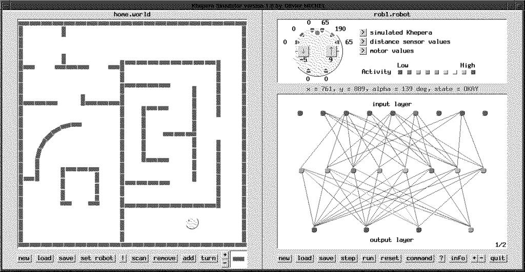 Figure 5: The interface to the Khepera 1.0 simulator (Michel 1995). The window shows a view of Khepera and the conguration of its articial world. 4.