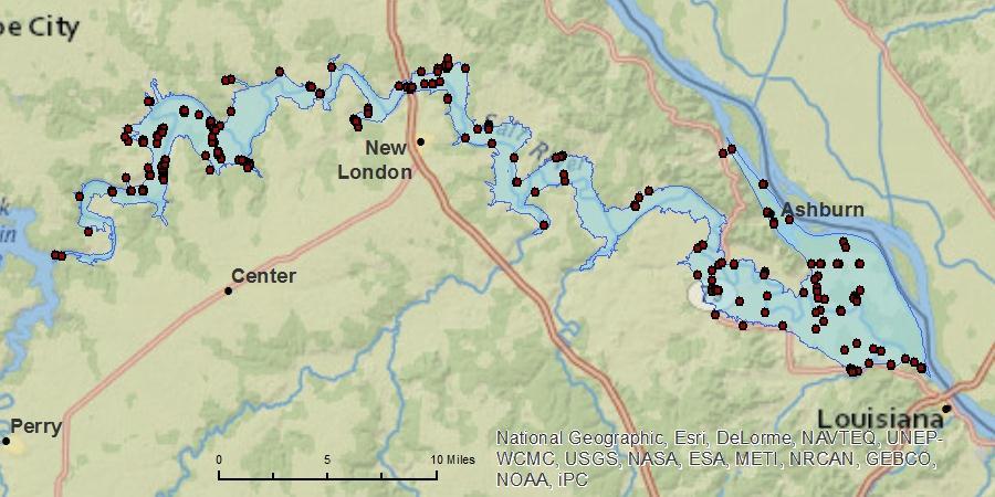 Area of Inundation & Structures Impacted Release Scenario 80,000 cfs Figure VII-3: Structures (shown as red dots) within the area estimated to inundate at a release rate from the Clarence Cannon Dam
