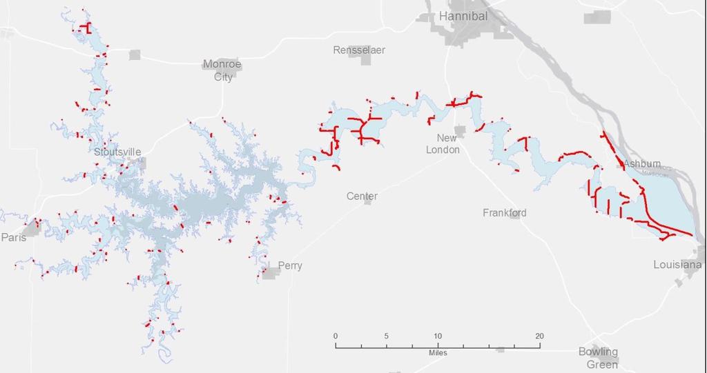 Portions of Roads Overlapping Inundation Zones Figure VII-5: Roads (shown in red) overlapping the highest inundation zones calculated for Mark Twain Lake and the Salt River Corridor.