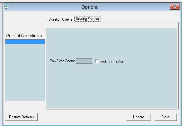SCALING FACTORS The user has the ability to change the scaling factor for pan evaporation. The default value is 1.00.
