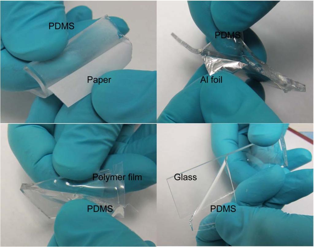 Supplementary Data and Figures: Figure S1. Photographs results of adhesion test between PDMS and other substrates including paper, Al foil, polymer film, and glass, respectively.