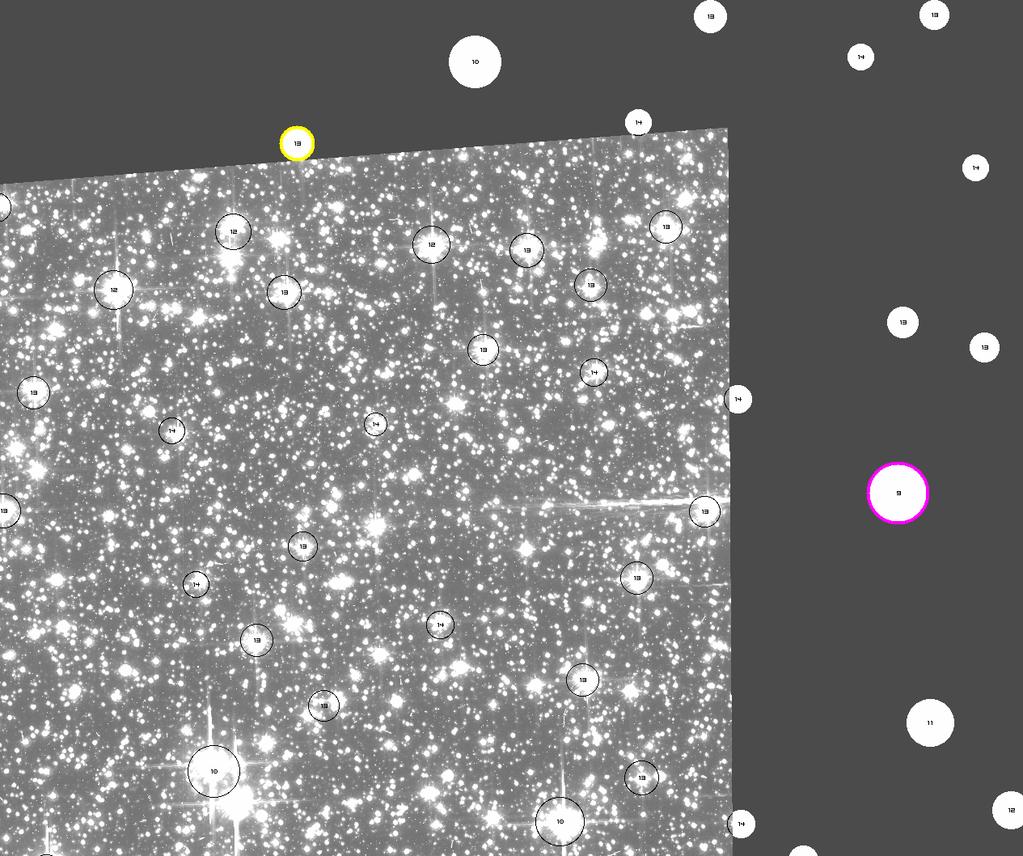 Figure 3: A portion of an ACS/WFC image with the 2MASS overlay in white. The offending star associated with the larger dragon s breath feature is marked in pink.