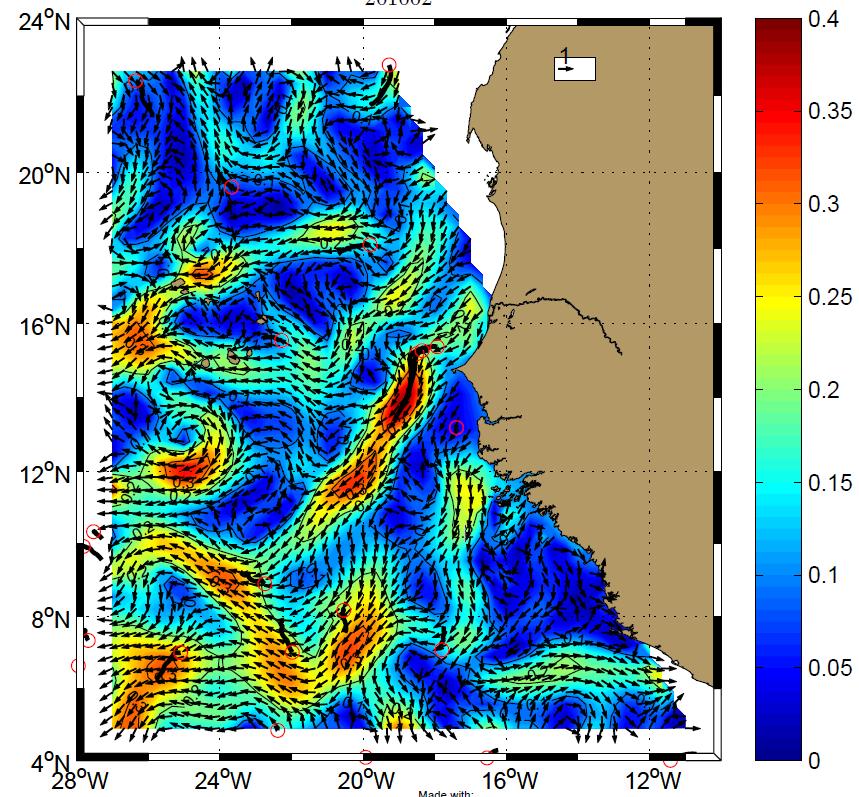 Figure 5. Drifter track segments overlaid on map of surface geostrophic currents derived from AVISO satellite altimeter data and drifter data (see Centurioni et al.
