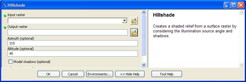 3. Hillshade Hillshade allows us to determine the illumination of a surface (the DEM in the case) given a direction and angle of a light source (i.e. the sun).