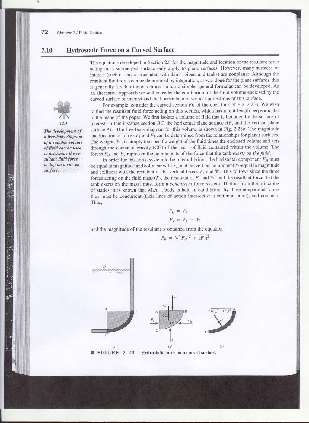 .. 72 Chapter 2 Fluid Statics 2.10 Hydrostatic Force on a Curved Surface V2.