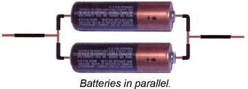 Series and Parallel: When connected in series, DC voltage sources are added. In the above example, two AA batteries (1.5 volts each) wired in series supply 3 volts to the circuit. (1.5 + 1.5 = 3.