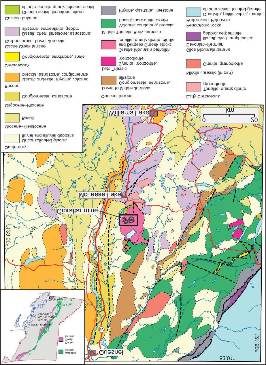 Figure 1. Geology of the area surrounding the Granite Mountain batholith, showing the location and setting of the Gibraltar coppermolybdenum mine (modified from Schiarizza, 2014).