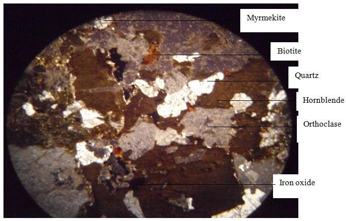 b. Minerals Observed Under Cross Polarized Light (Magnification x100) Fig. 6: Microphotographs of Coarse Grained Granite (Sample 7, Slide 7b) a.