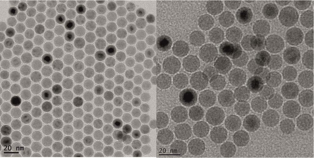 Fig. S2: TEM-images of spherically-shaped nanoparticles, left: G43, right: G73.