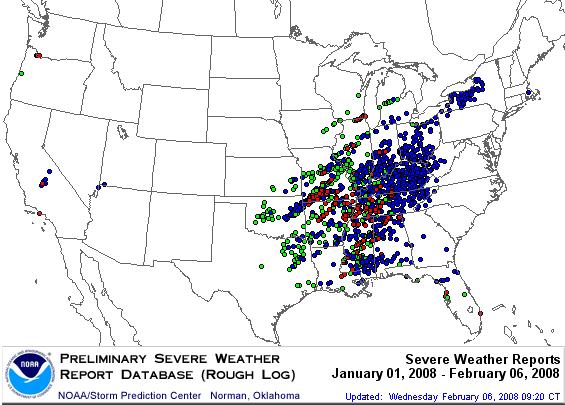 Figure 15 Storm Prediction center summaries of severe weather showing (upper) all severe reports by event type from 01