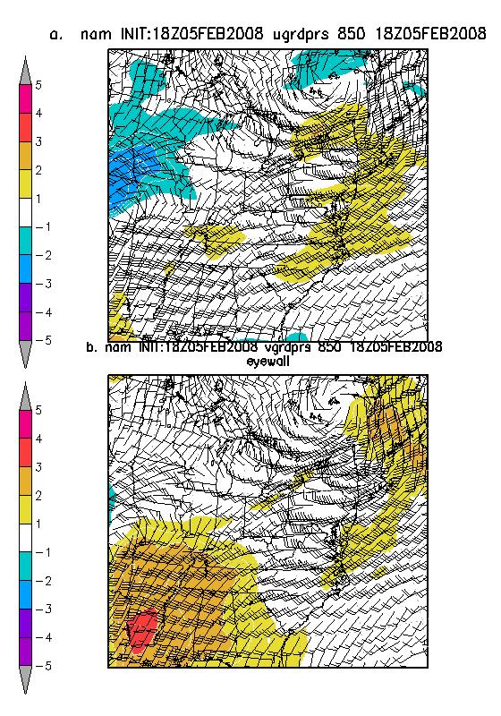 Figure 2 NAM 00-hour analysis of 850 hpa winds (kts) and u- and v-wind anomalies valid at (left) 1800 UTC 5 February 2008, (center) 0000 UTC 06 February 2008, and (right) 0600 UTC 6 February 2008.