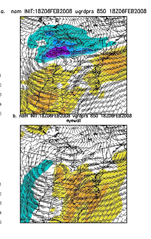 Figure 5 As in Figure 2 except NAM 00-hour forecasts valid at 1800 UTC 6 Febuary showing (left) a) 850 hpa temperatures and anomalies and b) 850 hpa heights, (center) 850 hpa wind and a) u-wind