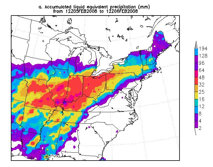 Figure 6 Unified precipitation data (UPD) showing accumulated precipitation (mm) for the 24 hour periods ending at a) 1200 UTC 6 February and b) 1200 UTC 7 February 2008.