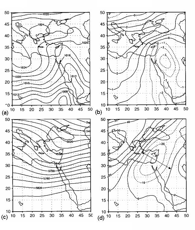 Composite charts of RST rain situations in January (1986 1995) monthly mean; (c) 500 hpa geopotential height [m]; (d) 1995): (a) SLP [hpa]; (b) SLP deviation from the (1986 1995) 500 hpa height