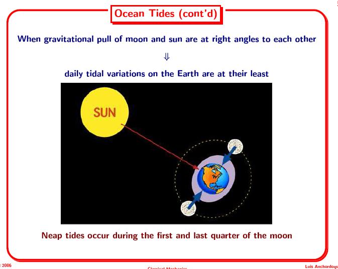 Ocean tides (cont d) When gravitational pull of moon and sun are right angles to each other Daily tidal