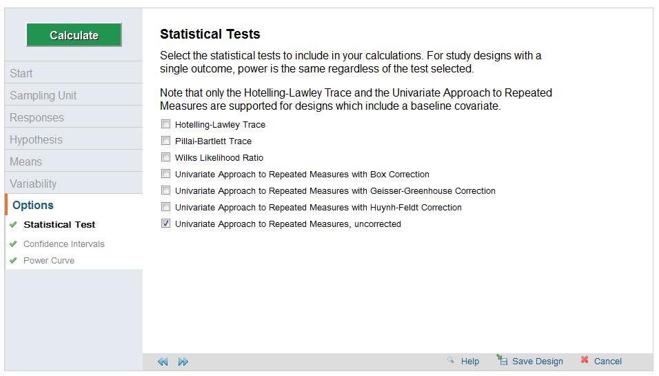 Read the information on the Options screen, then click the forward arrow to continue. For the one-sample test of a single mean, the available tests in GLIMMPSE yield equivalent results.