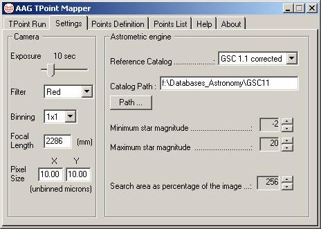 When running the software for the first time, the Camera and Pinpoint engine parameters should be verified and correctly set under the Settings TAB.