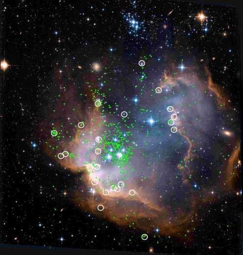 The impact causes the gas and dust to glow, and triggers star formation (Credit: NASA, N. Walborn and J. Maíz-Apellániz (Space Telescope Science Institute, Baltimore, MD), R.