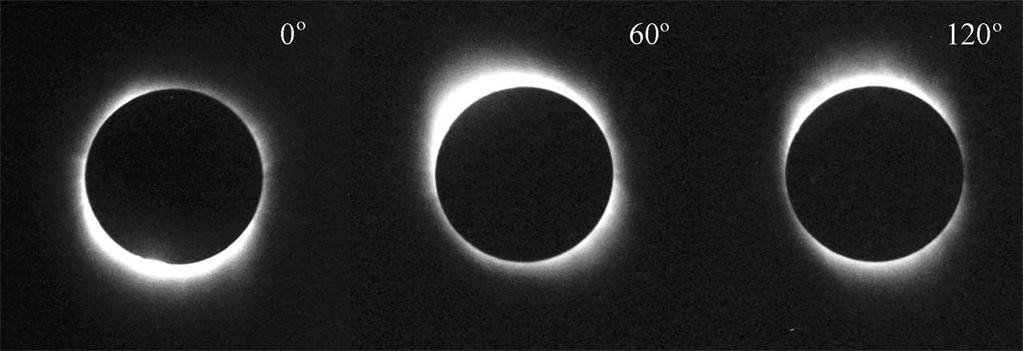 The white-light corona images for three angle positions of polarizing filter, taken with tele-objective and 1 s exposure are shown