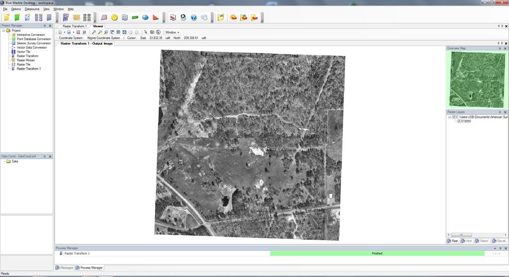 Using Blue Marbe Geographic Calculator, I ve reprojected a georeferenced, orthorectified aerial image from State Plane (Texas Coordinate System of 1983, North Central Zone, US Survey Feet, HARN) to