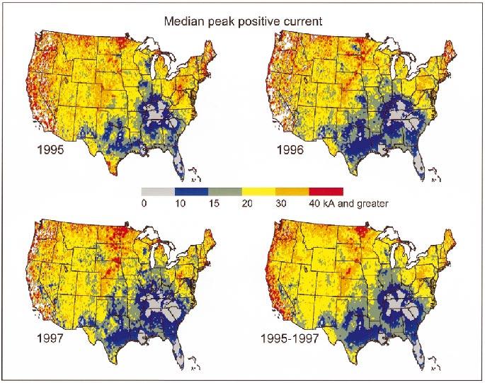 2699 FIG. 9. Median positive peak currents are plotted geographically for the individual years 1995, 1996, and 1997. The median value for the three years is plotted in the fourth panel.