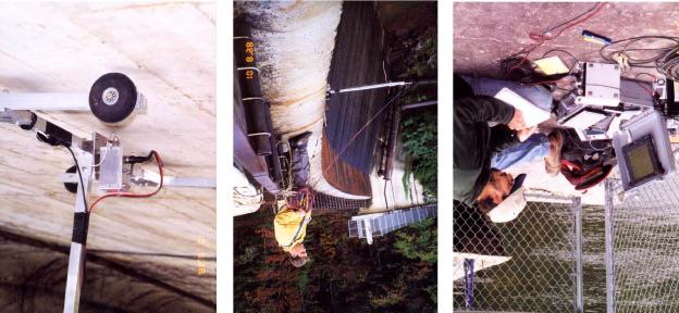 Figure 2. Photographs from October 1998 data acquisition. From left: Closeup of solenoidactuated sonic impact source; lowering source from top of dam; recording data at station near left abutment.