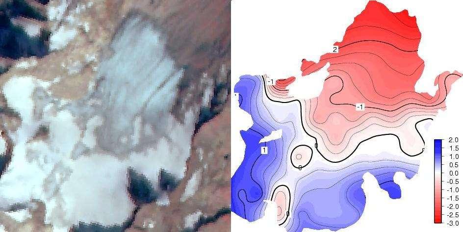 Figure 6 : Comparison of the snow line position between satellite imagery ( Spot-Image) (left) and CROCUS model (right) for the 30th of September, 1997 on