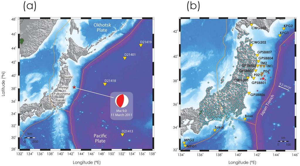 Figure 1 Location Map. (a) Red star indicates the epicentre position. Red and white beach ball represents the focal mechanism of 2011 Tohoku earthquake.