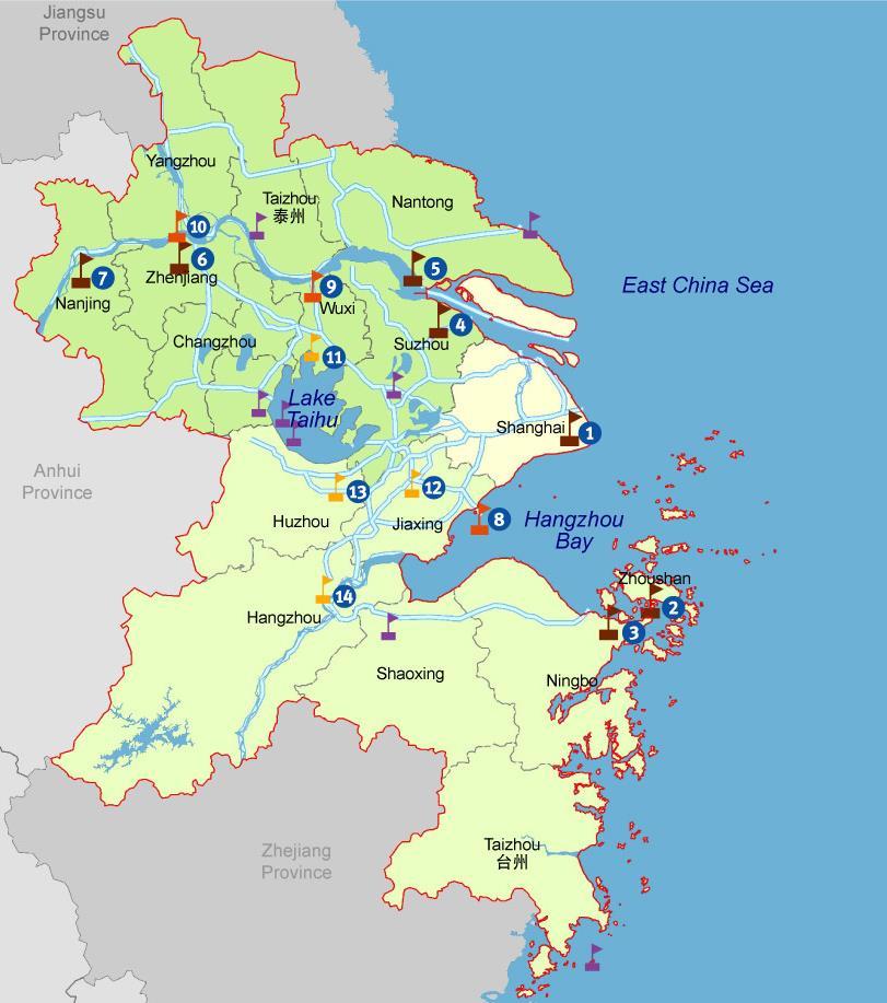 Ports and Inland Waterways Coastal major ports 1 Shanghai Port 2 Zhoushan Port 3 Ningbo Port 江苏省 Local major ports 4 Suzhou Port 5 Nantong Port 6 Zhenjiang Port 7 Nanjing Port 8 Jiaxing Port 9