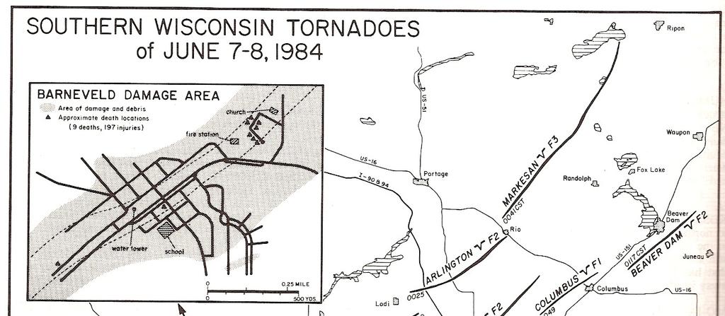 Figure 2 Detailed map complied by T.T. Fujita of the tornado tracks from the 7 June 8 June 1984 tornado outbreak over southern Wisconsin.