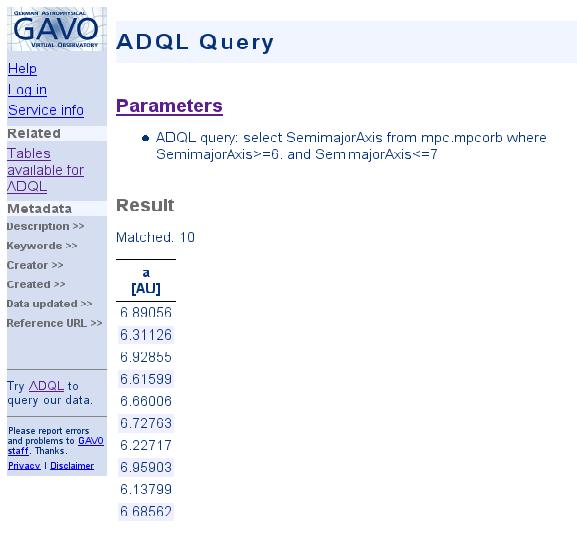 http://dc.zah.uniheidelberg.de/ system /adql/query/form Here we can enter various ADQL commands. The syntax is simple a detailed description can be found here: http://www.ivoa.