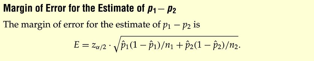 What is the Margi of Error for the Estimate of p 1 - p 2? What does it mea? The margi of error equals half the legth of the cofidece iterval.