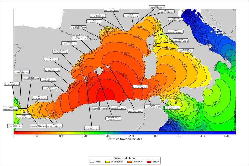 another software calculates the propagation time of the waves and the predicted arrival time of the first tsunami wave at the different forecast points.
