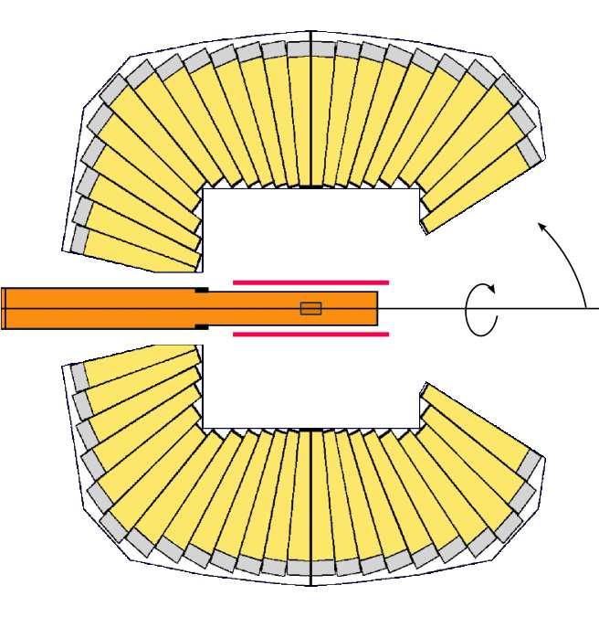 Figure 3.5: Crystal Barrel Detector Schematic. The target assembly is at the center of the Crystal Barrel with the beam coming in from the left and exiting to the right.