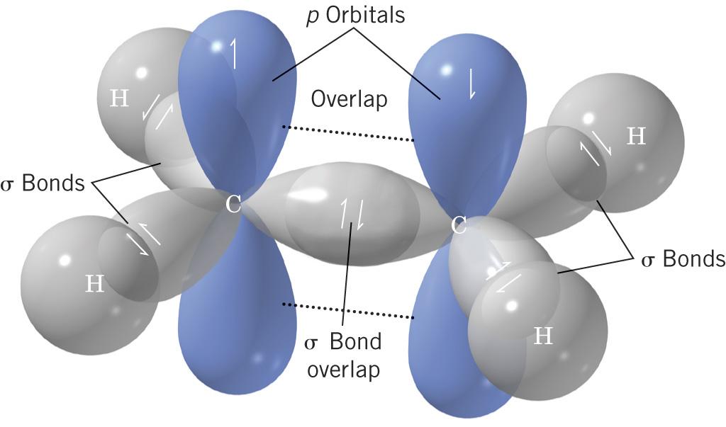 Overlap of sp 2 orbitals in ethylene results in formation of a σ framework One sp 2 orbital on each carbon overlaps to form a carbon-carbon σ bond; the remaining sp 2 orbitals form bonds to hydrogen