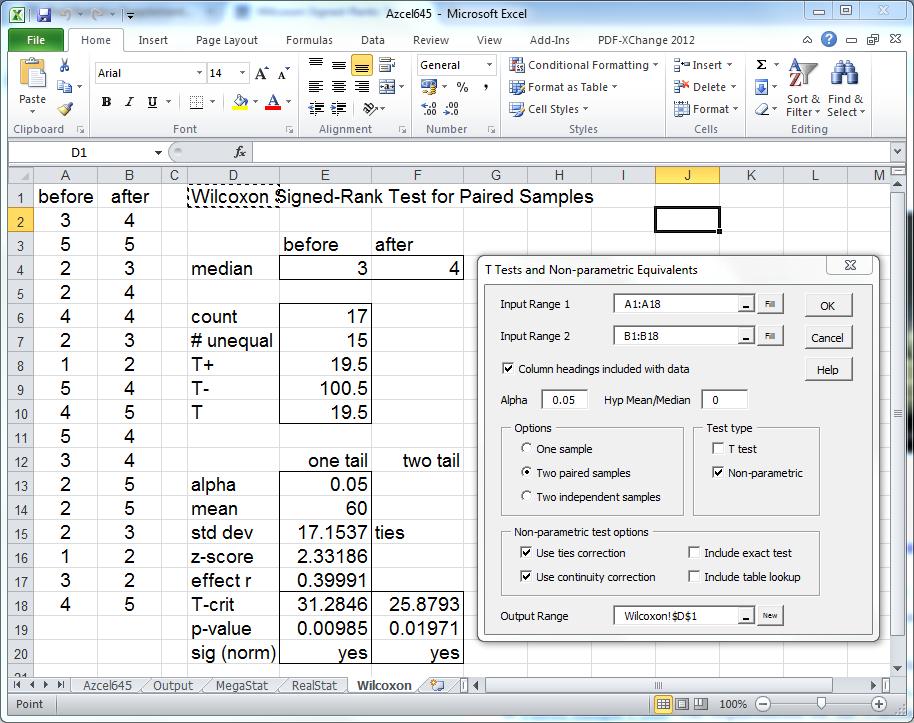 Wilcoxon Signed-Rank Test in Excel You can get the Wilcoxon Signed-Rank Test from the T-Tests and Non-parametric Equations tool of the Real Statistics toolbox.