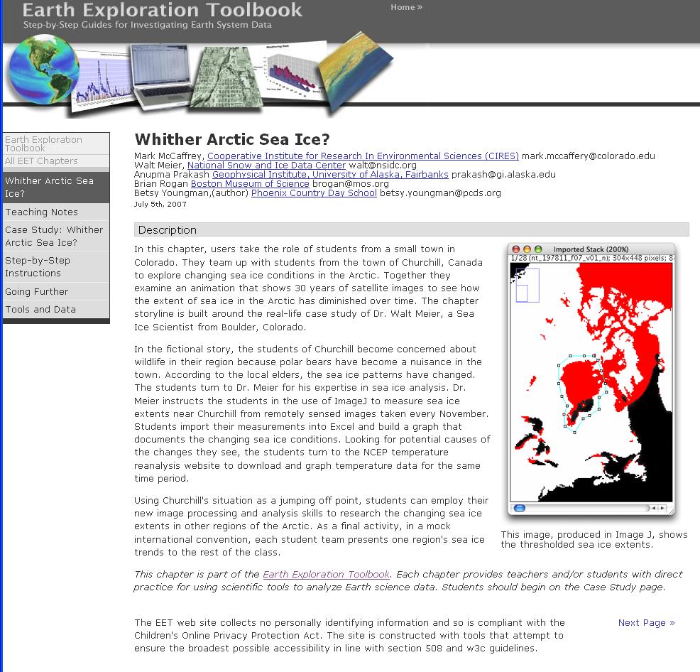 Whither Arctic Sea Ice? Using Sea Ice Data in the Classroom AccessData Earth Exploration Toolbook chapter http://serc.carleton.