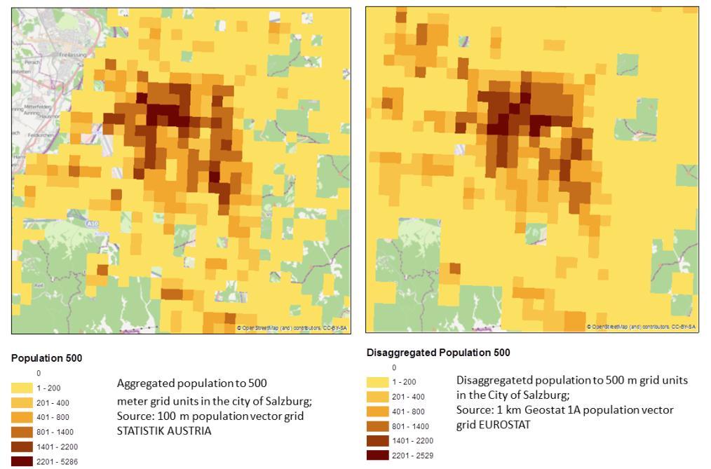 13 Fig. 5. Visual comparison of the reference population grid with 500 m resolutison of the Austrian Statistical Bureau (left), and the disaggregated population raster with 500 m resolution (right).