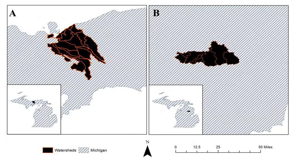 Figure 2. Study Area A) Upper Peninsula and B) Lower Peninsula of Michigan.