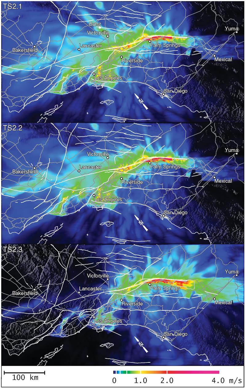 TeraShake2: Spontaneous Rupture Simulations of Mw 7.7 Earthquakes on the Southern San Andreas Fault Figure 7. 1171 PGVs for the TeraShake2 simulations.