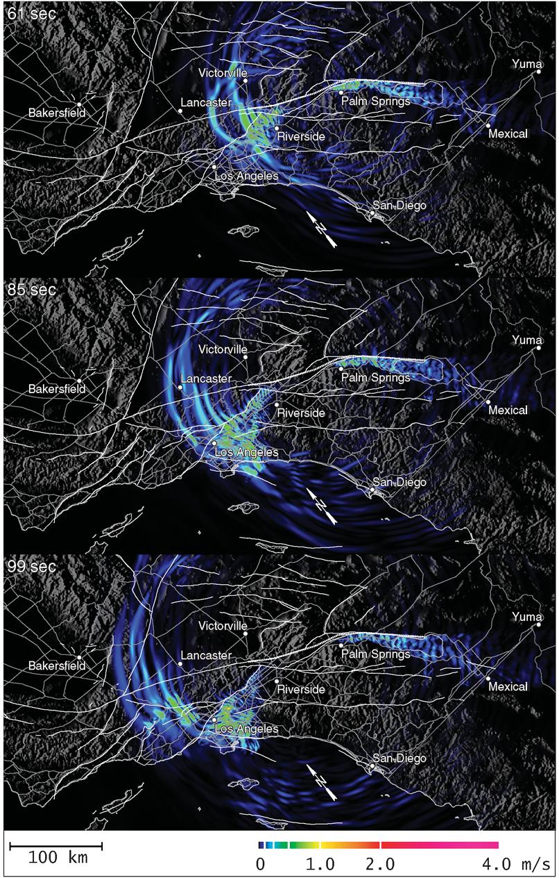 TeraShake2: Spontaneous Rupture Simulations of Mw 7.7 Earthquakes on the Southern San Andreas Fault Figure 8. 1173 Snapshots of instantaneous PGVs for the TeraShake2.1 simulation.