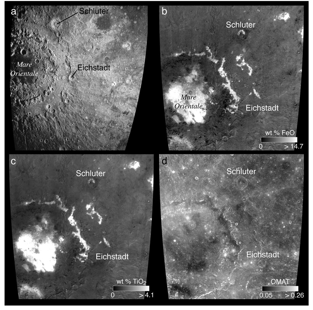 Figure 6. (a) 70-cm radar (SC) and (b d) Clementine UV/VIS mosaics for the Orientale region showing dark-haloed craters Schluter (diameter = 89 km) and Eichstadt (diameter = 49 km).