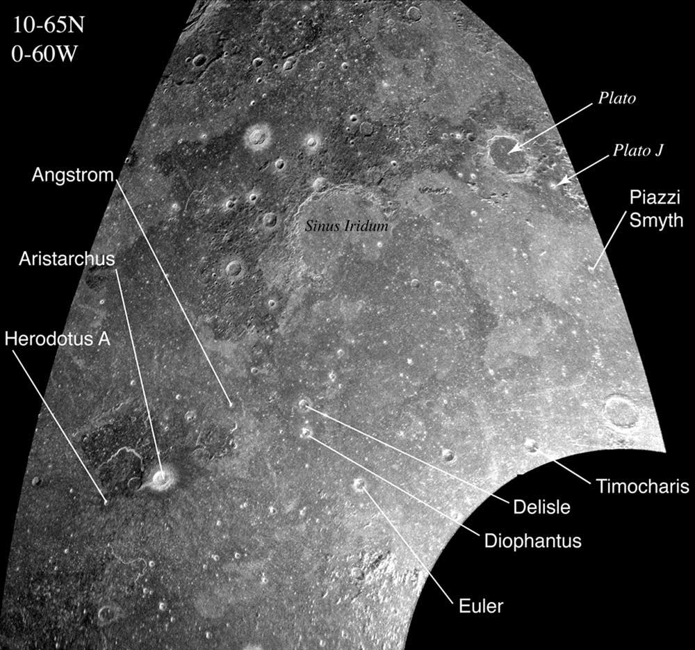 Figure 9. Seventy-centimeter OC radar mosaic of Imbrium region, acquired in 2000. Diameter of Aristarchus: 40 km; Plato: 109 km; Sinus Iridium: 260 km.