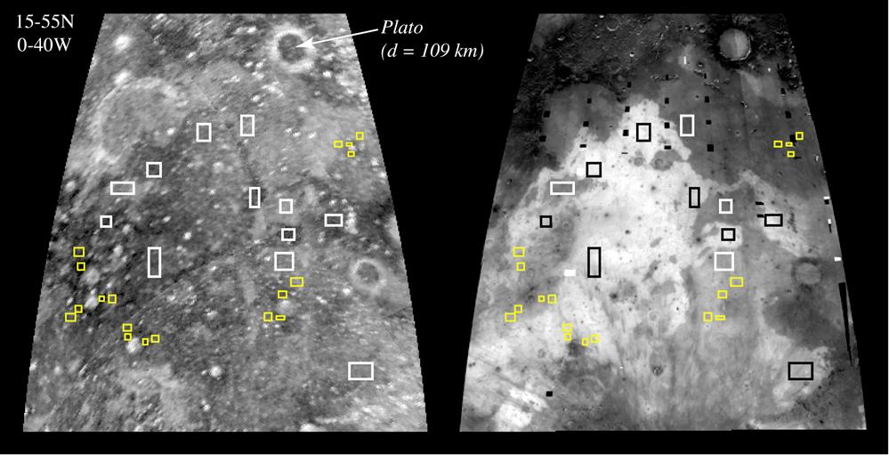 Figure 11. (left) Seventy-centimeter radar mosaic (SC) of Imbrium region [see Thompson, 1987] (data from NASA_PDS_MG_1001). (right) TiO 2 map of same region from Clementine UV/VIS data.