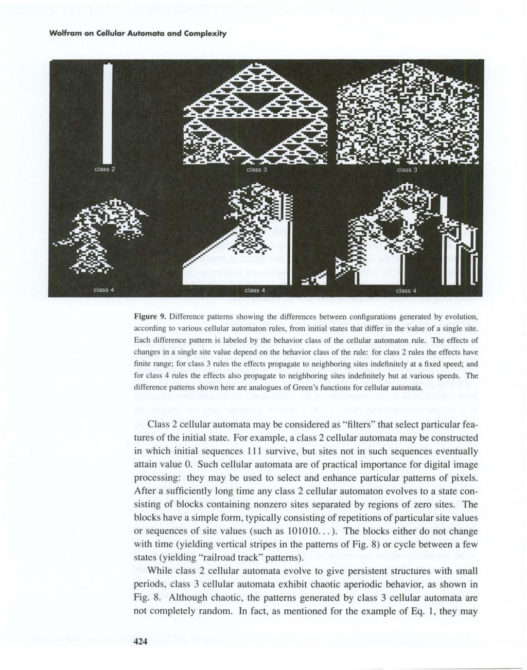 Wolfram on Cellular Automata and Complexity Figure 9. Difference patterns showing the differences between configurations generated by evolution, according to various cellular automaton rules.