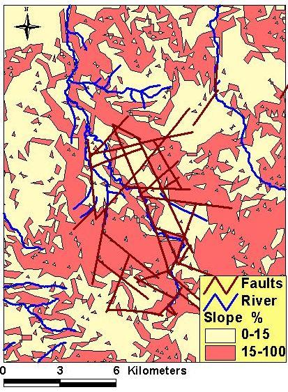 The data layers introduced in the model are spatial distribution of slope, rivers, faults, population centers, access roads, anomaly zone, wells location and hot springs (Fig. 3).