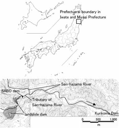 The larger of the two dams is the one investigated in this study. And contour interval are 10 m cal simulations (e.g., Mori et alii, 2010; Satofuka et alii, 2010), the geomorphic change of landslide dam and the deposition of downstream of the dam were not adequately modelled.